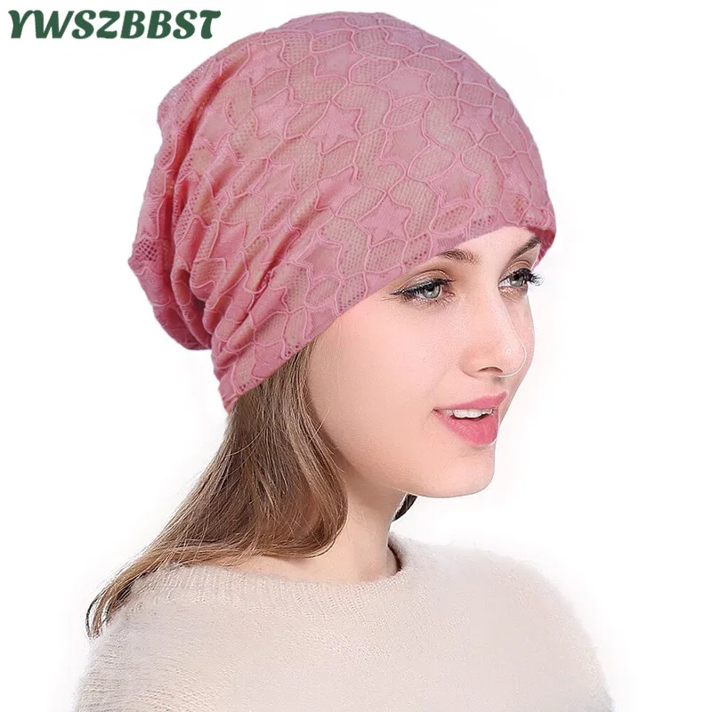 

New Spring Autumn Thin Style Star Breathable Lace Turban Hat for Women Fashion Beanie Female Sunscreen Travel Cap