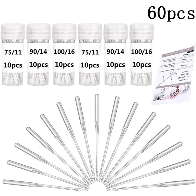 Imzay 60PCS Universal  Silver Sewing Machine Needles Size 11/14/16 Ball Point Head Jeans General Home Stainless Steel Needles