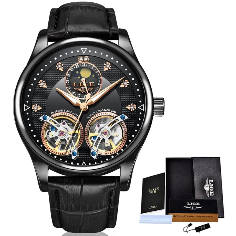 

LIGE 2020 New Men Mechanical Watch Automatic Tourbillon Fashion Watches Leather Waterproof Sport High Quality Watch For Men+Box