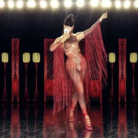 glisten crystal red jumpsuit sexy long tassel rhinestone dress women outfit nightclub singer costume stage dance ds clothing