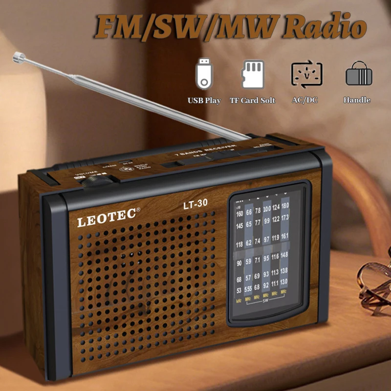 Retro FM/SW/MW Radio Reciver Portable Full Band Radio Loudspeaker MP3 Music Player Support USB TF Card Play DC/AC Power Supply