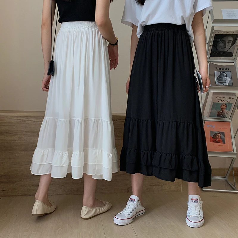 

2 Soild Color Women Skirt High Elastic Waist Spring Summer Female Midi Skirts Holiday Ladies ruffles A line skirts female (77001