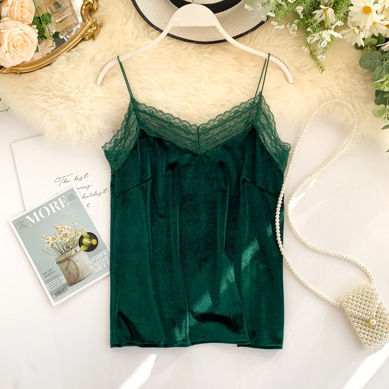 Новая Осенняя Женская кружевная бархатная майка велюровая высокого качества