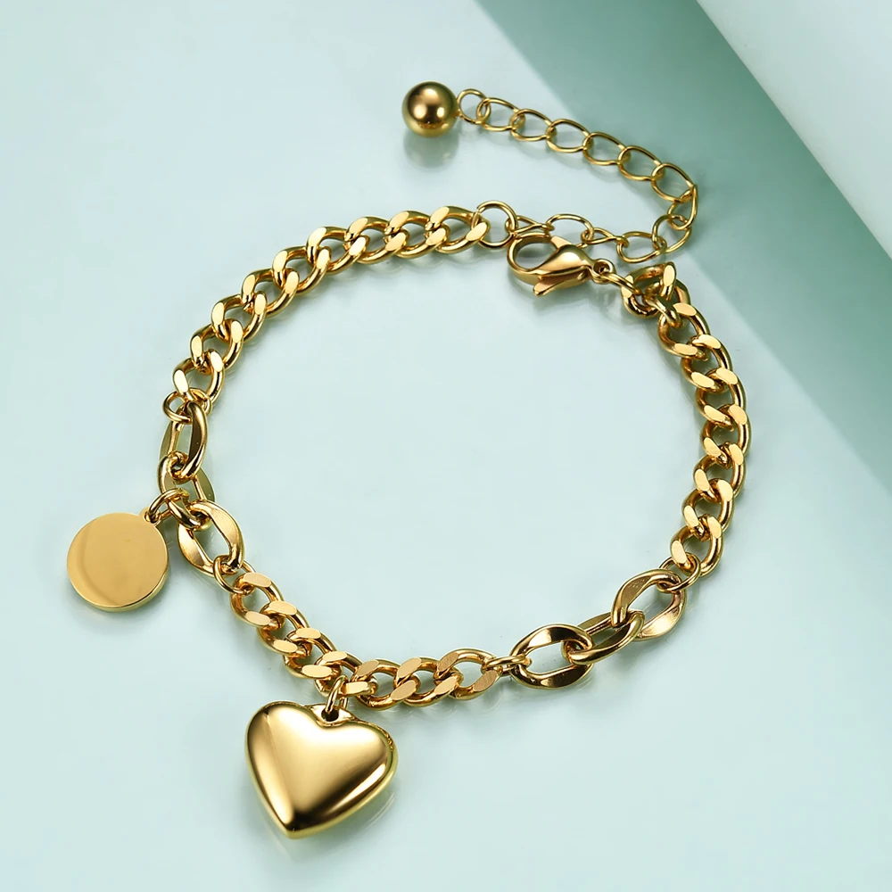 

Personality Simple Blank Heart Bracelets Gold Color Stainless Steel Heart Charms Bracelets For Women Girls Gift
