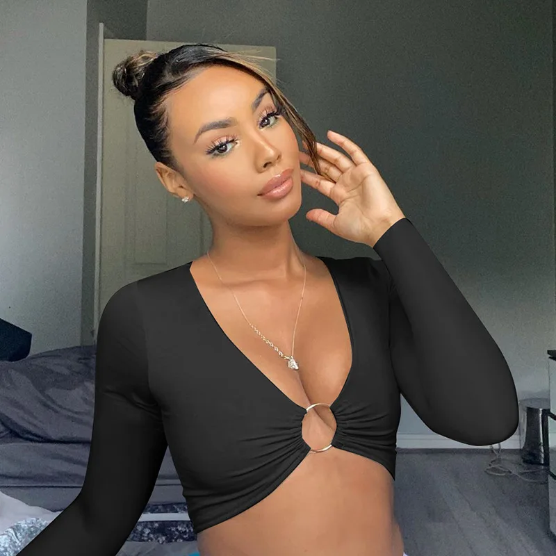 

2021 Модный женский летний укороченный топ с длинным рукавом S, Однотонная футболка с вырезами и открытым пупком, облегающие сексуальные женс...