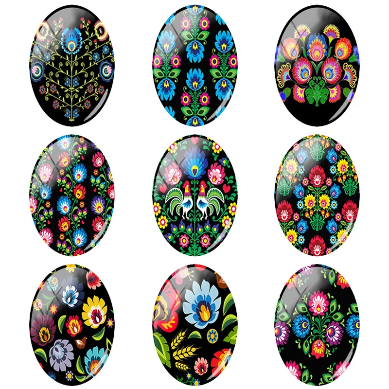 Стеклянный кабошон TAFREE польский народный узор овальной формы 18x25 мм плоская