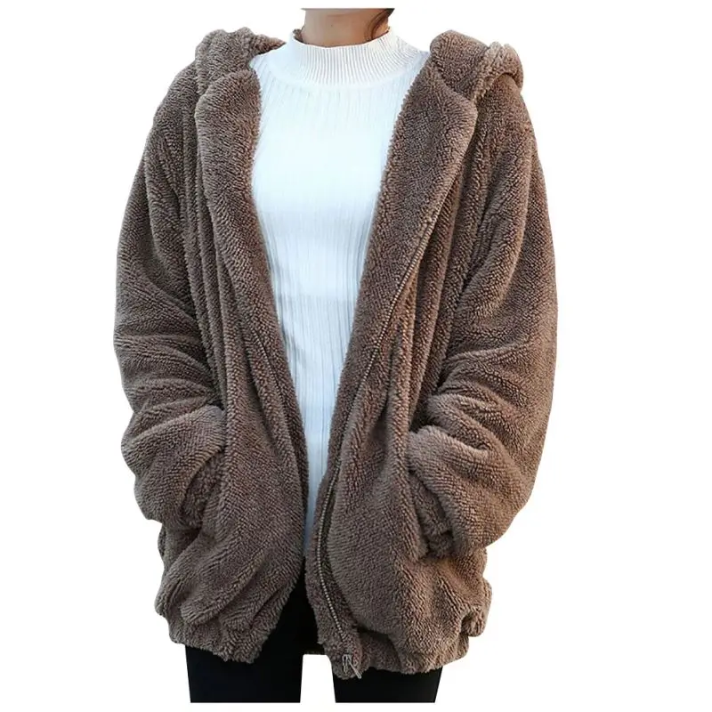 Women Hoodies Zipper Girl Winter Loose Fluffy Bear Ear Hoodie Hooded Jacket Warm Outerwear Coat Cute Sweatshirt