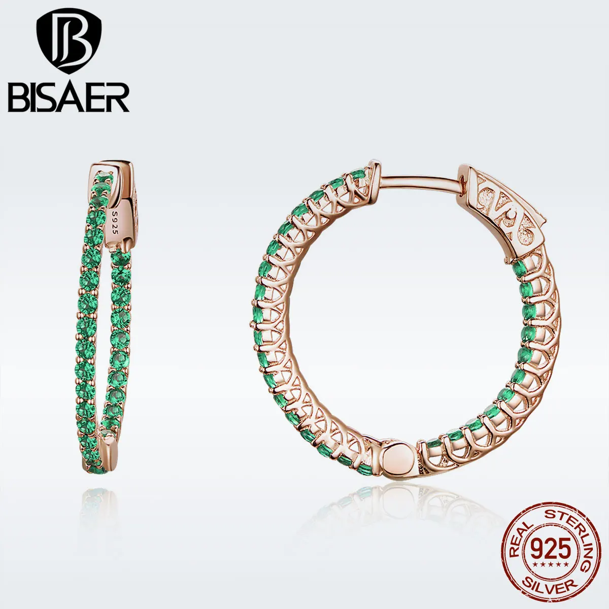 BISAER, 925 пробы, серебряный, зеленый, CZ, золотой цвет, женские серьги-кольца для женщин, роскошные модные ювелирные изделия, Brincos GXE511