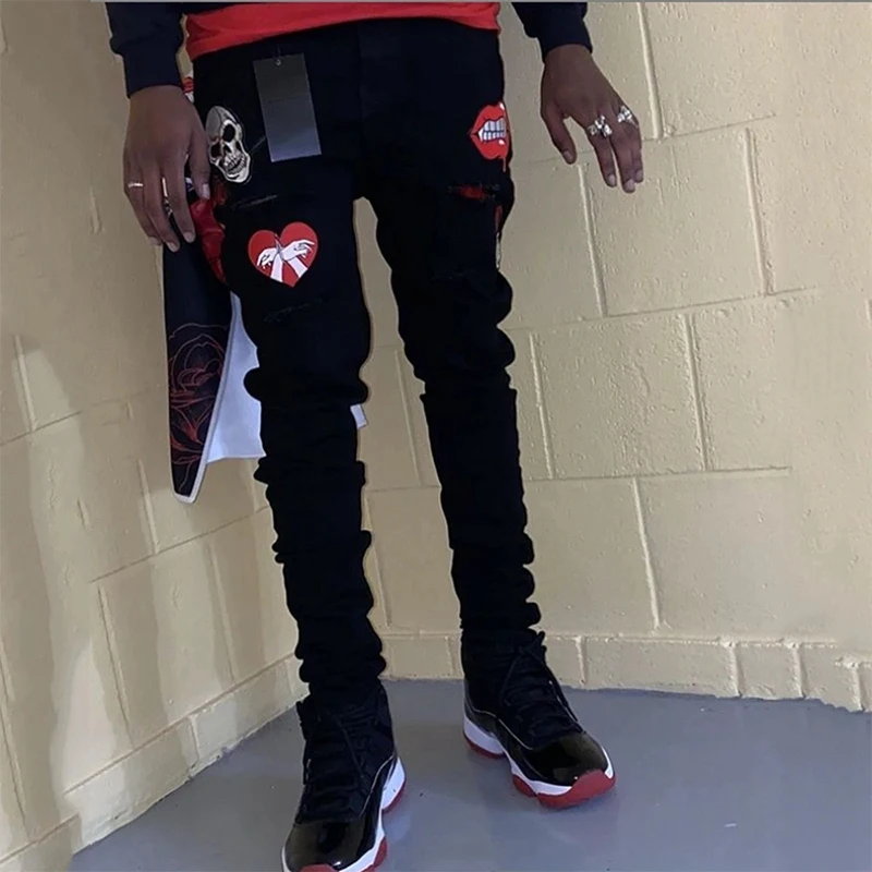 

Men's Classic Black Fashion Vintage Washed Denim Trousers High Quality Print Design Pencil Pants Best-selling Motorcycle Jeans