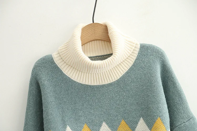 

Women Autumn Winter Argyle Sweaters Fashion Turtleneck Drop Shoulder Long Sleeve Hit Colors Loose Knitted Jumper for Student