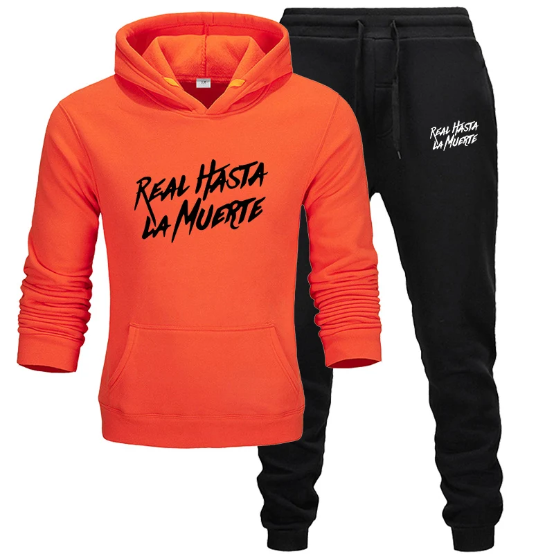orange black Спортивный костюм для мужчин, комплект спортивной одежды, флисовая толстовка с капюшоном, костюм с буквенным принтом, Malechandal hombre, Осень-зима, толстовка с капюшоном+ штаны, комплекты уличной одежды - Цвет: orange black