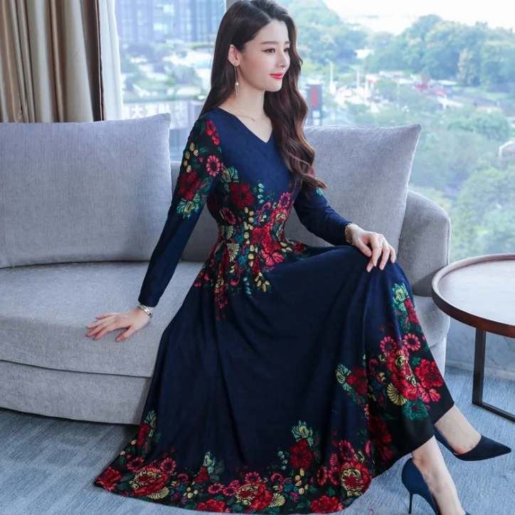 Женское платье с v-образным вырезом и принтом лидер продаж осенне-зимнее в стиле