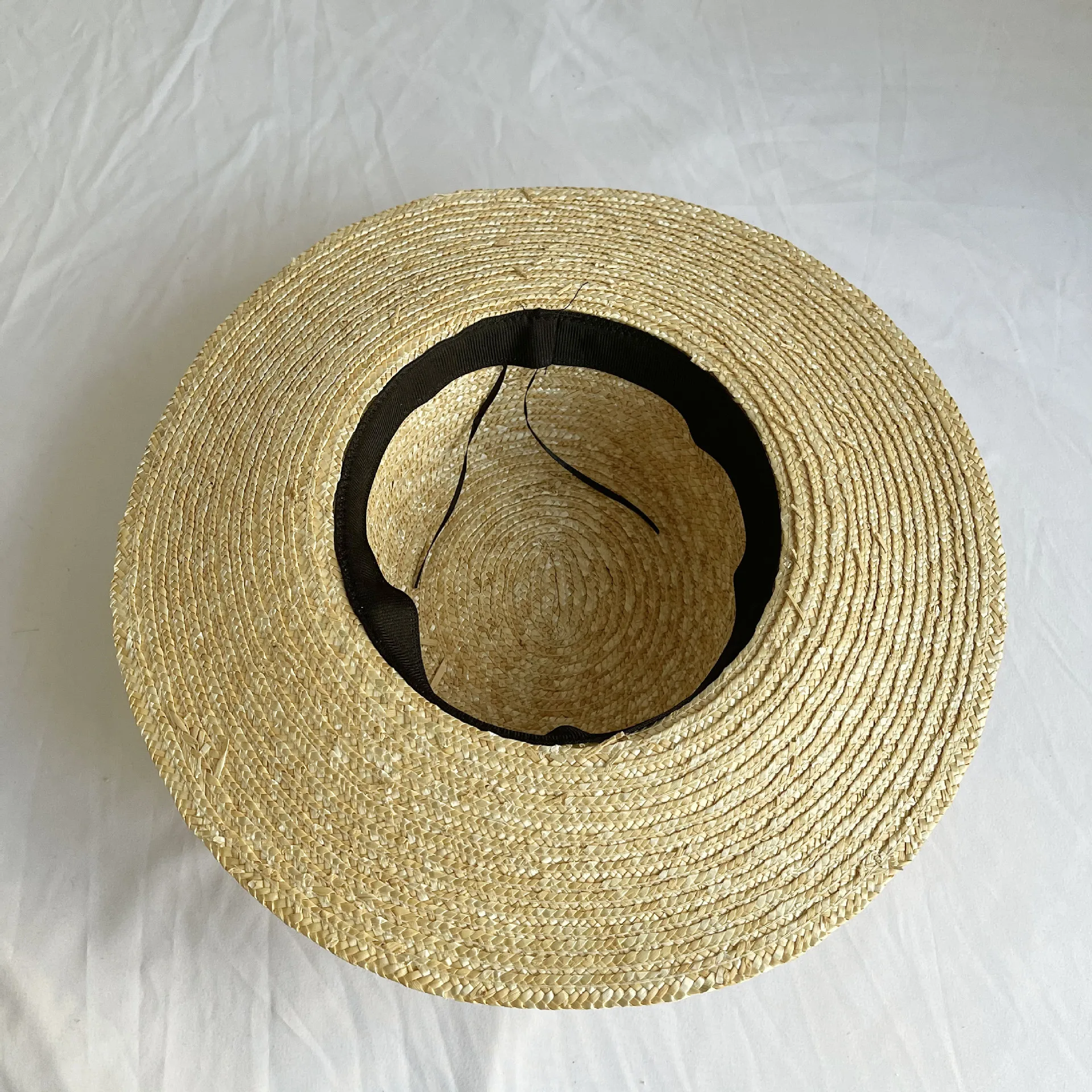

Aaby 2021 Summer Wheal-Straw Ribbon Bows Hats For Women High Quality Flat Top Hat With Adjustable Sweat Band For Beach Vacation
