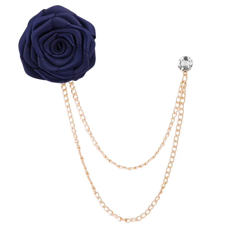Navy blue Корейский жених Свадебные Броши Ткань Искусство ручной работы цветок розы нагрудный знак брошь значок кисточка цепь мужской костюм аксессуары - Окраска металла: Navy blue