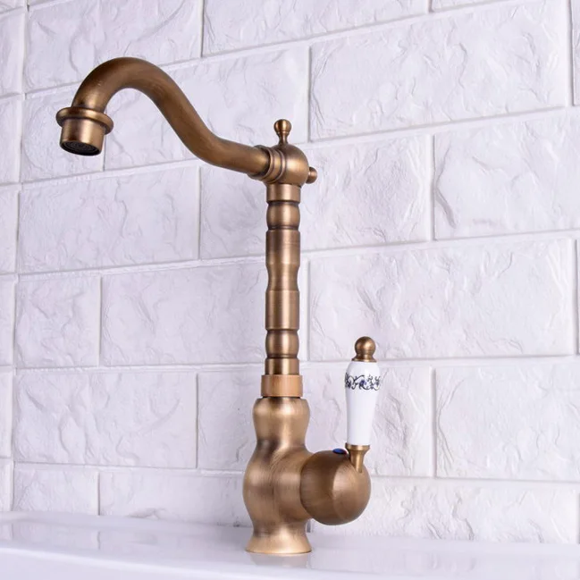 

Antique Brass Kitchen Sink Faucet Washbasin Faucets Ceramic Lever Cold & Hot Water Mixer Bathroom Taps Deck Mounted Lsf117