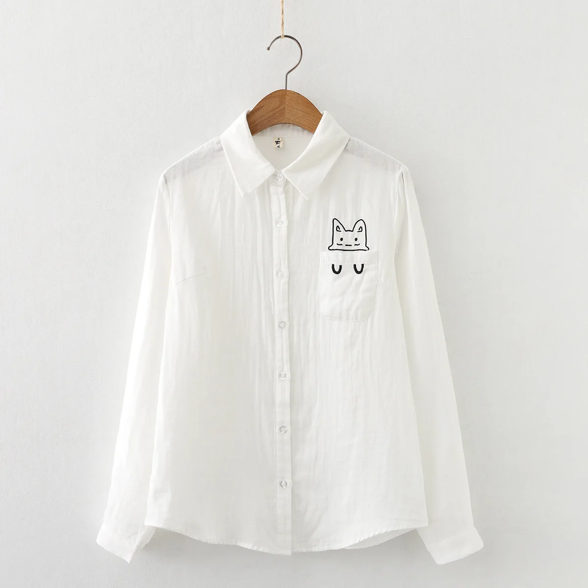 

Fashion Sweet 100% Cotton White Shirts Women Preppy Style Cartoon Cat Embroidery Bow Lacing Spring Autumn Basic Blouses Student