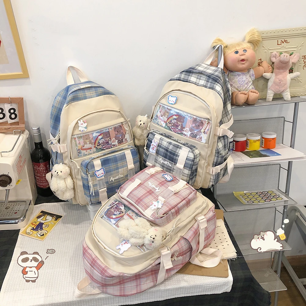 

Модный женский холщовый рюкзак в стиле преппи, клетчатый прозрачный школьный рюкзак, вместительный милый рюкзак, сумка для девочек-подрост...