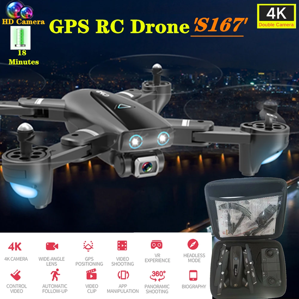 Радиоуправляемый Дрон 4K HD камера S167 gps Dynamic Follow 5G WiFi FPV 1080P Квадрокоптер Вертолет