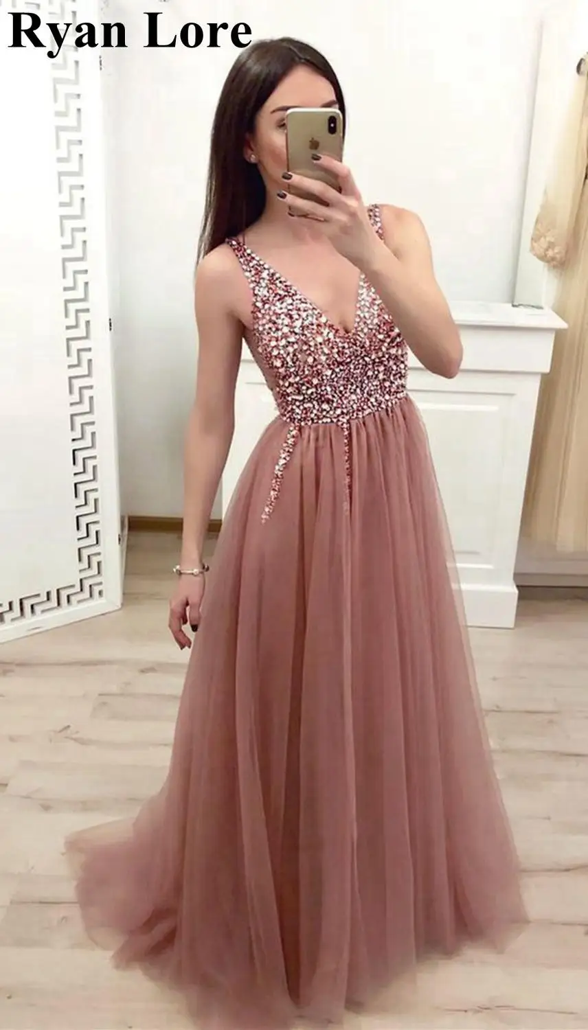 

Женское вечернее платье с V-образным вырезом, длинное розовое платье без рукавов с бусинами и кристаллами, лето 2020