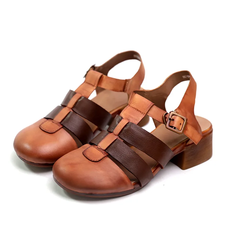 

YourSeason Ladies Buckle Strap Sandals Genuine Leather 2021 New Vintage Handmade Female Platform Mixed Colors Shoes