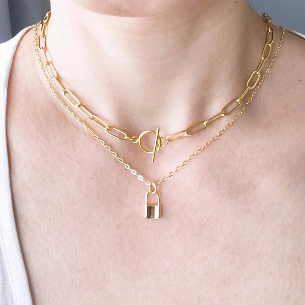 

Simple gold paper clip necklace, gold padded chunky chain necklace with twist buckle, a gift for her