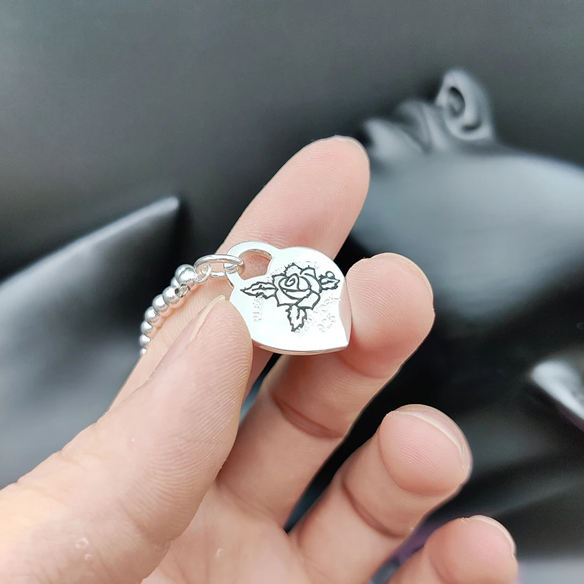 

925 Sterling Silver 4mm Bead Necklace Rose Flower Pattern Heart Charm Classic Popular All-Match Necklace Luxury Jewelry Gift