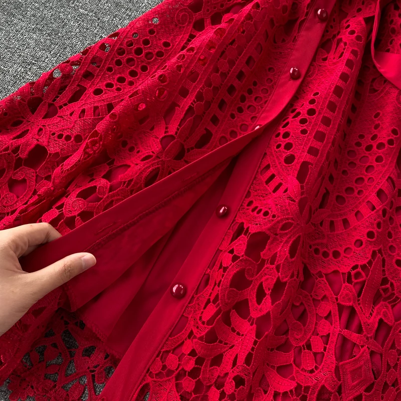 

New Summer Vintage Dress Women's Red Elegant Dresses High Waist Short Sleeve Hollow Out Sexy A-line Dress Robe Vestidos