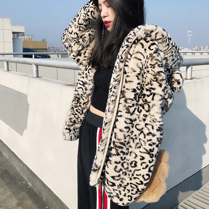 Пальто женское с капюшоном леопардовое Осень-Зима куртка мехом кролика Рекс Zjt1573