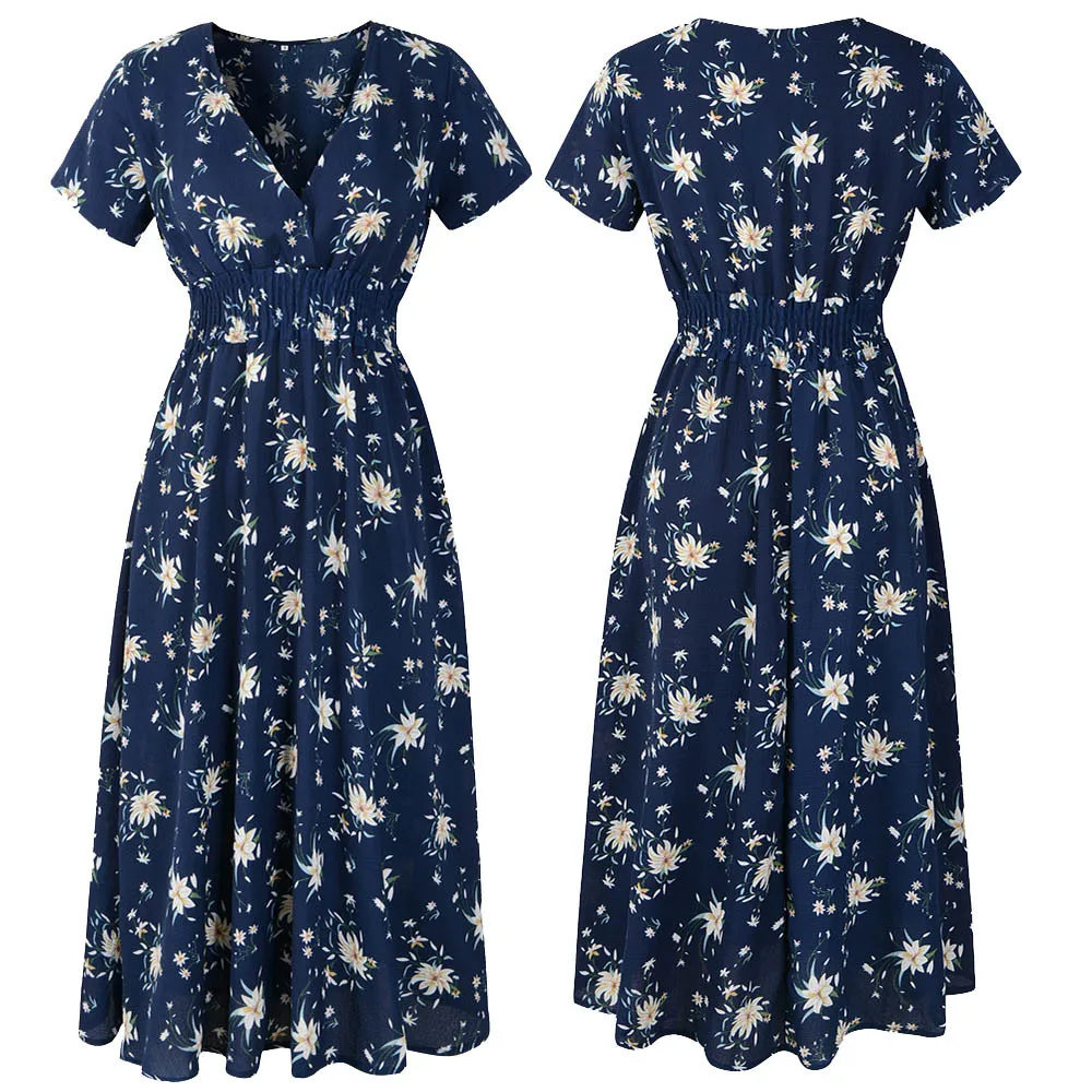 

Hot New Ladies Fashion Dress Womens V Neck Holiday Floral Print Dress Ladies Summer Beach Party Dress Women Long Dress#g