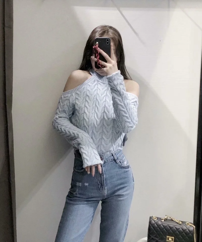 

Spring New Style Shoulder Hollow Design Eight-strand Knitted Top Chic Ladies Short Sweater Fashion Jersey Pull Snake Sky Blue