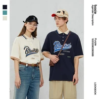 blue bosie vintage contrast short sleeve polo tshirt mens 2021 summer new couple loose college style lapel tee top 8058b