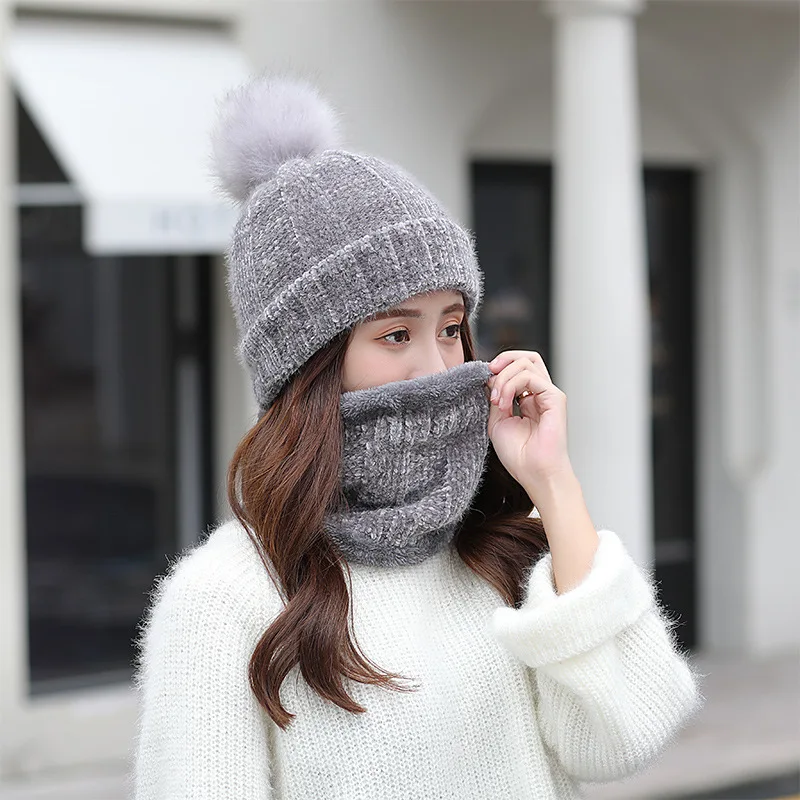 Hat Scarf Set Winter Women Plus Velvet Thick Warm Outdoor Sport Chenille Knit Hat And Scarf Korean Female Beanies Caps F24810AD