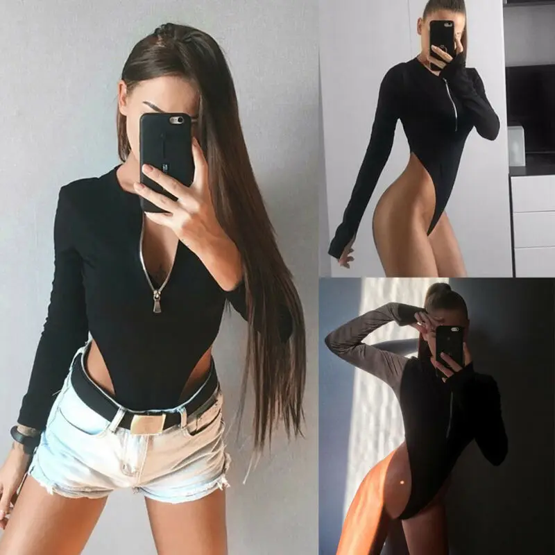 Женское боди с открытыми плечами длинным рукавом и молнией спереди|Комбинезоны c