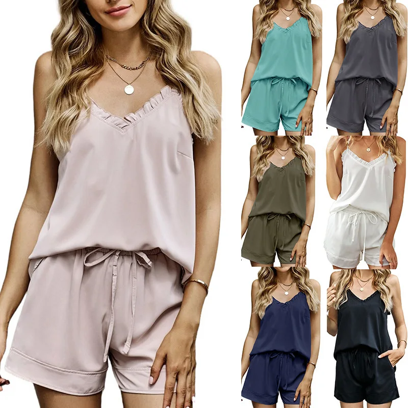 

Women's Pajamas Chiffon Ruffled Solid Color Suspender Shorts Two-Piece Set Nightwear