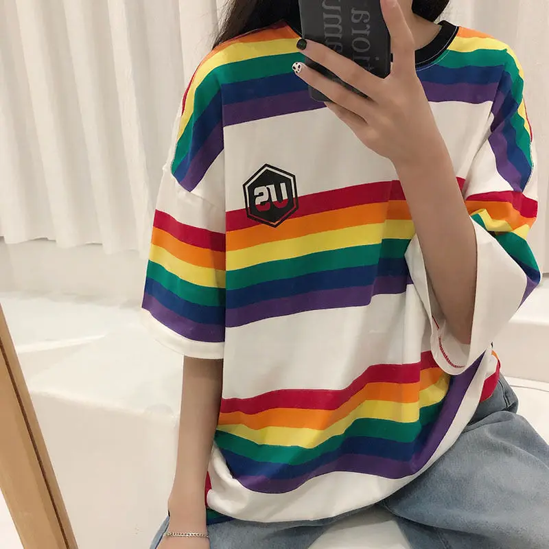 

2020 Summer New Harajuku Streetwear Short Sleeve T Shirts Ulzzang O Neck Cotton Female T Shirt Rainbow Striped Tee Tops