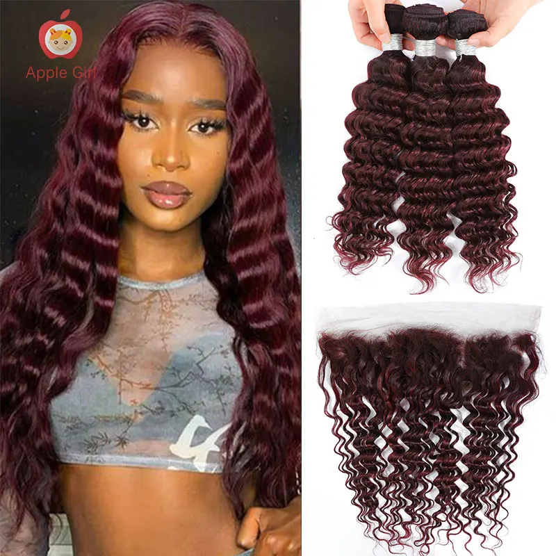 Deep Wave Bundles With Closure Burgundy1b 99J# Dark Red Wine Deep Wave Bundles With Frontal Brazilian Remy Human Hair Applegirl