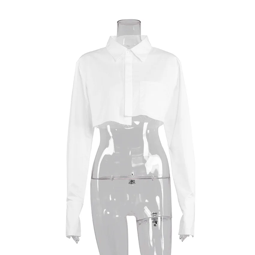 

Streetwear White Cropped Blouse Women Long Sleeve Shirt Turn Down Collar Spring Casual Tops Button Irregular Fashion Korean