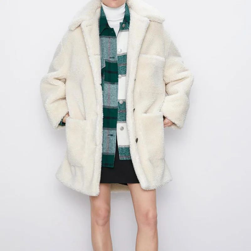 

Elegant Thicken Warm Fur Women Winter Long Jacket Solid Singled Breasted Fashion Streetwear Pockets Loose Casual Female Coat