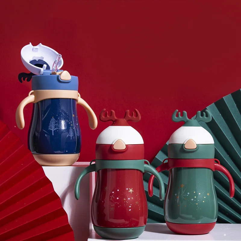 

New Cute Korean Version Of Christmas Antlers Straw Insulation Cup Stainless Steel Handle Children Water Cup Cartoon Gift Cup