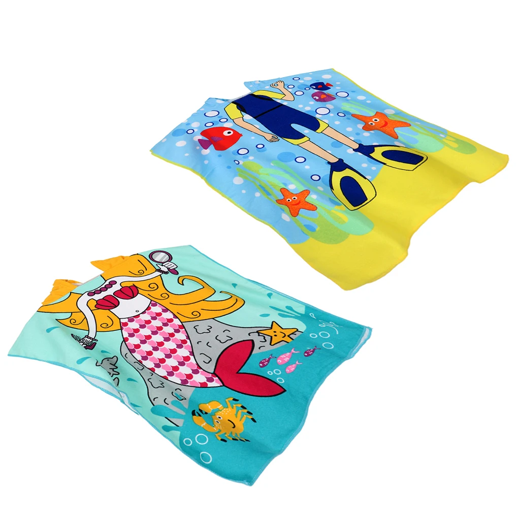 

2pcs 60x120cm/23.6x47inch Kids Swimming Surfing Beach Bath Changing Robe Hooded Poncho with Diver Mermaid Image on