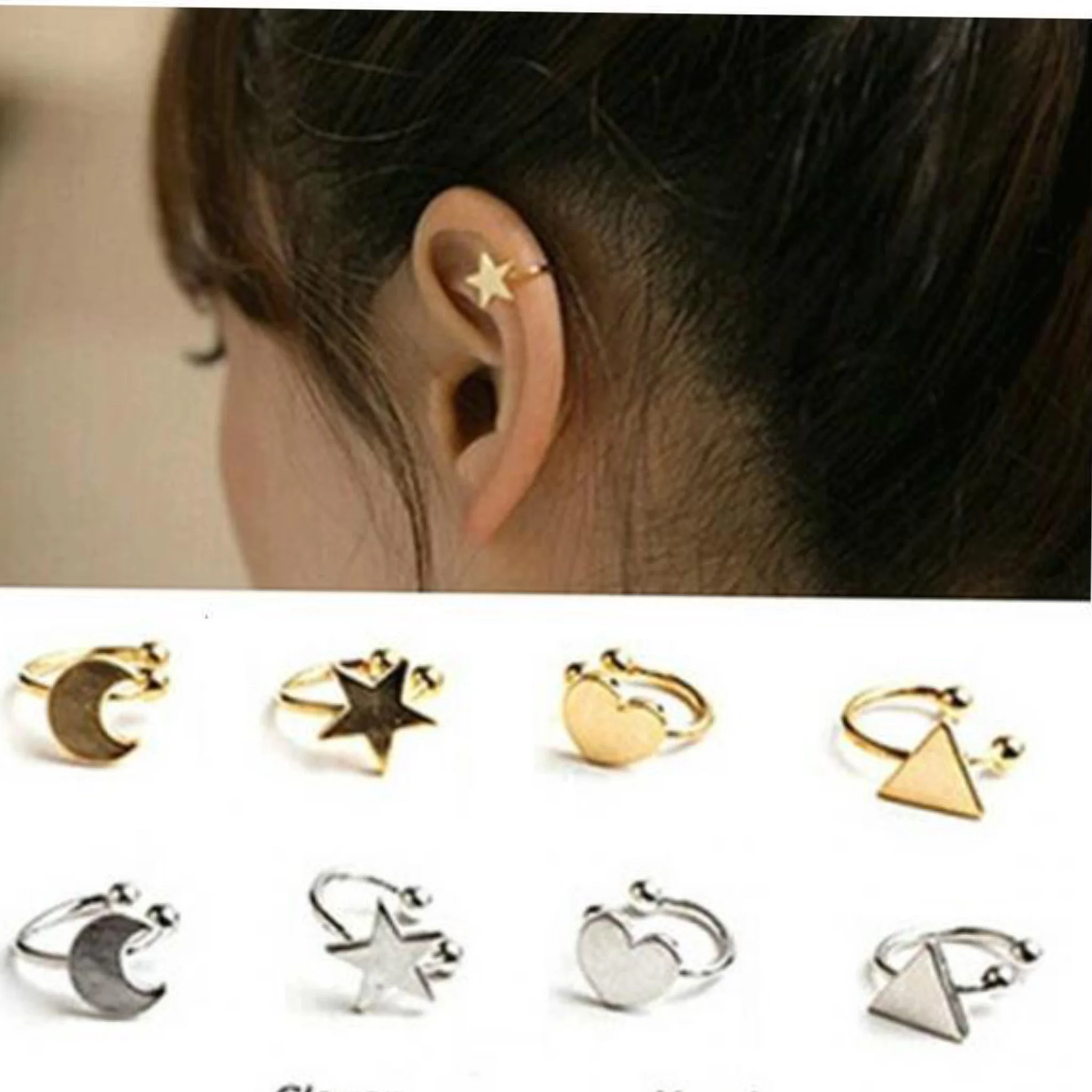 

2021 Vintage Exquisite Love Heart Moon Star Triangle Clip Earrings for Women Fashion Gold Silver Color No Piercing Beads EarClip