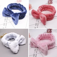 solid color coral fleece bow headband for women cosmetic bandage wash face makeup elastic turban hair accessories