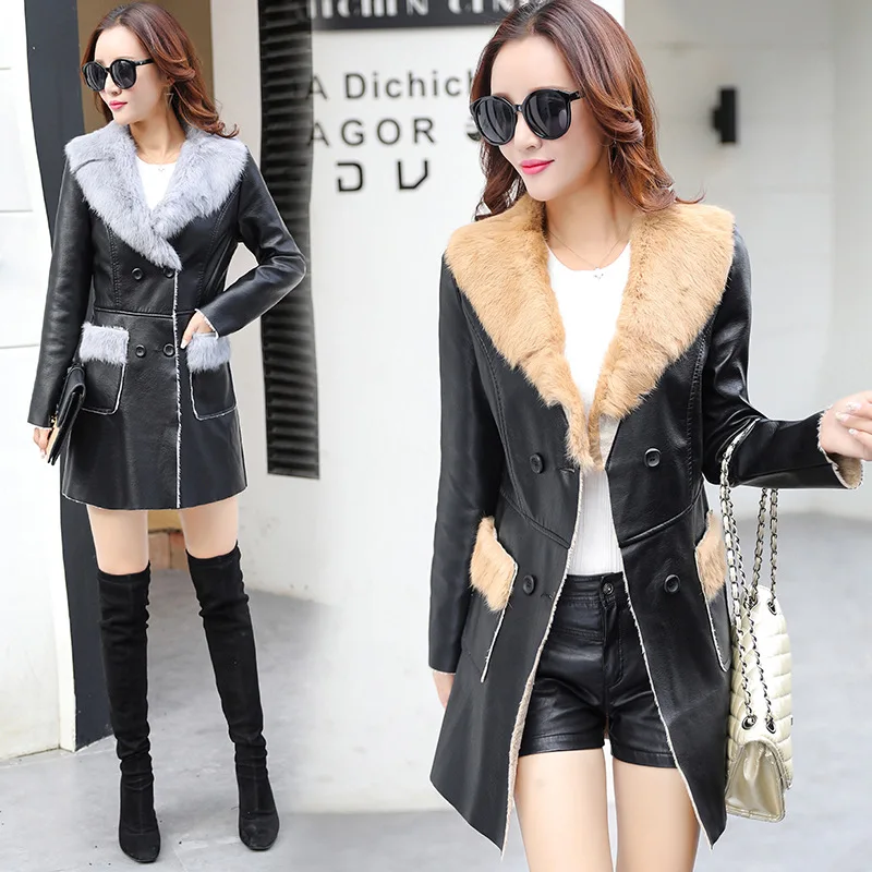 Зимние женские Куртки из искусственной кожи облегающие пальто меховая верхняя