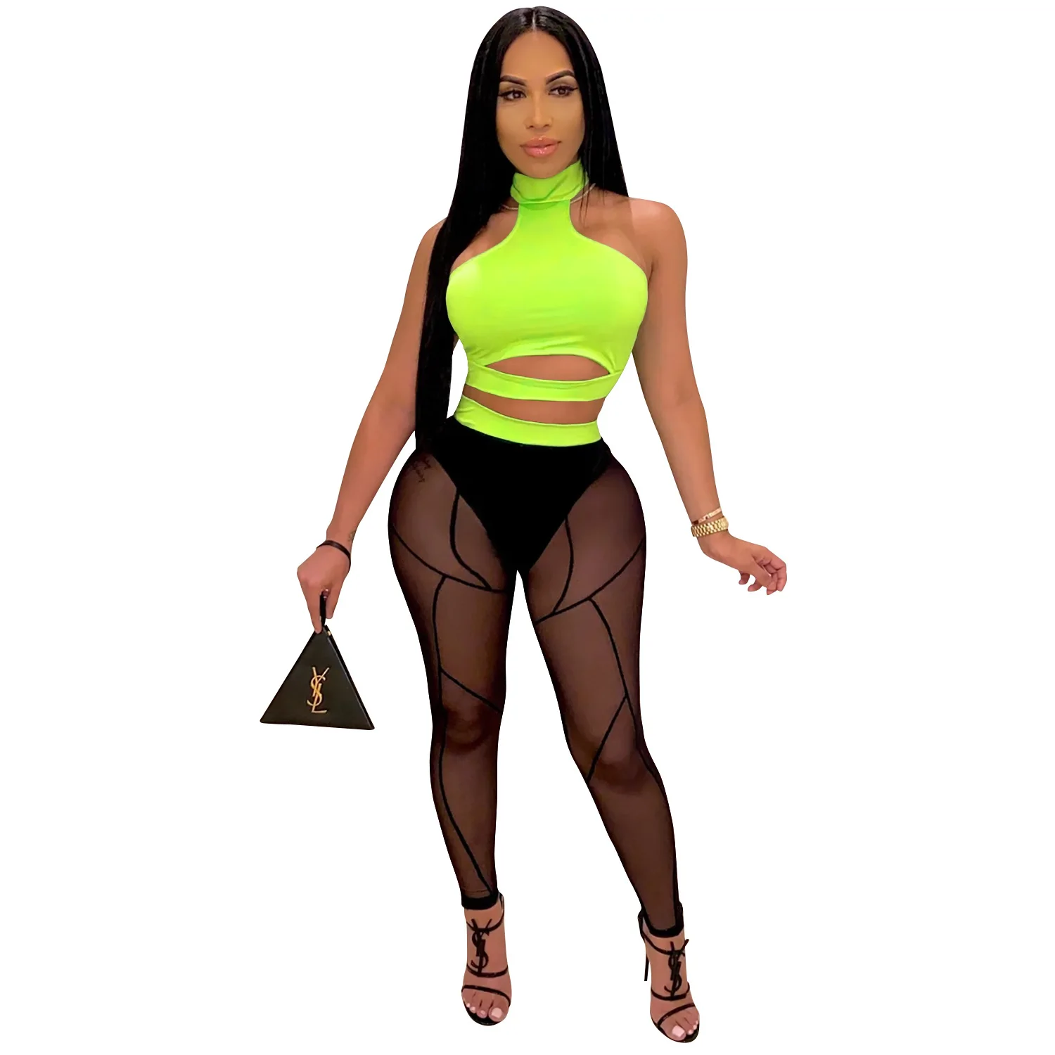 

New Nightclub Perspective Contrast Color Women's Two-Piece Set Streetwear Fashion Transparent Summer Matching Set Gauze Outfit