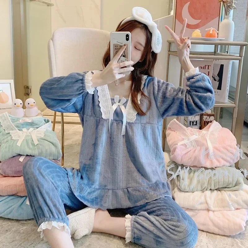 Qiu Dong Season Hot Style Coral Fleece Pajamas Women More Winter Wool Flannel Princess Wind Sweet Household to Take