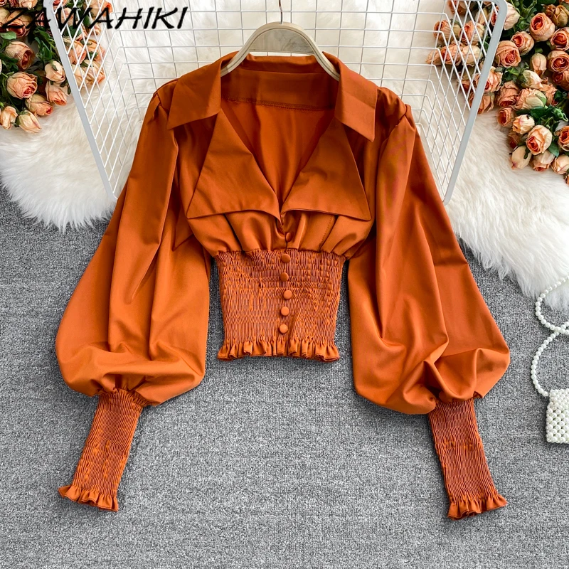 

Zawхитки Ретро рубашка с отложным воротником темпераментная с длинными рукавами-фонариками элегантная Офисная Женская тонкая Модная рубашк...