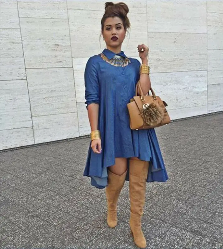 2019 Retro Fashion Ladies Women's Blue Jeans Denim T-Shirt Long Sleeve Casual Loose Shirt Dress Blouse Jumpsuit | Женская одежда