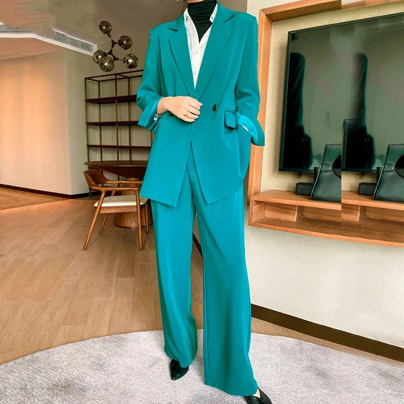 

Женский офисный костюм из двух предметов, синий пиджак и брюки, элегантный повседневный костюм, весна-осень 2021