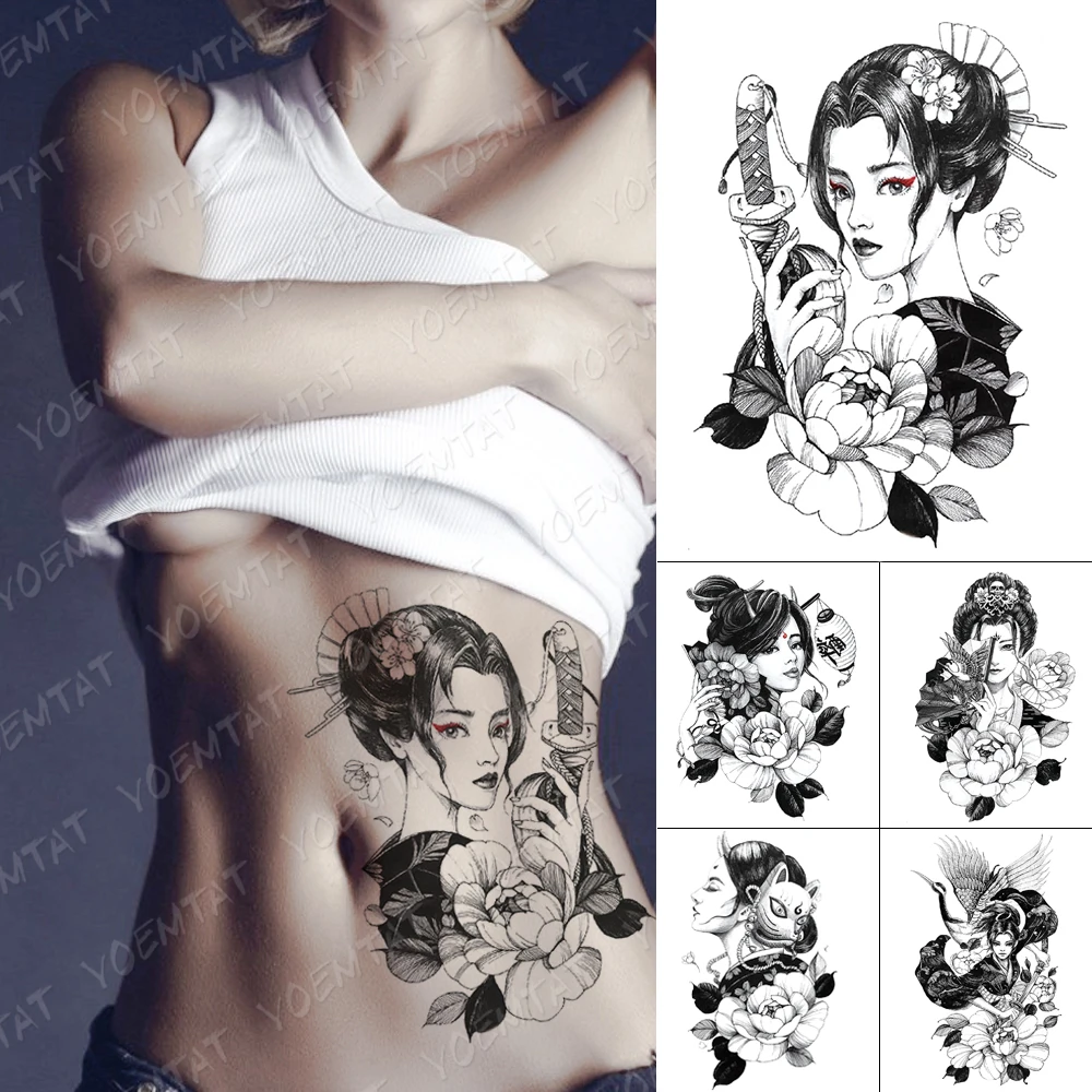 

Waterproof Temporary Tattoo Sticker Japanese Prajna Geisha Flash Tattoos Crane Peony Warrior Body Art Arm Fake Tatoo Women Men