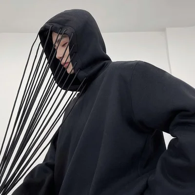 Large spring-style small crowd wearing rope ribbon design loose hoodie jacket fashion men's abstinence-wearing hoodie jacket